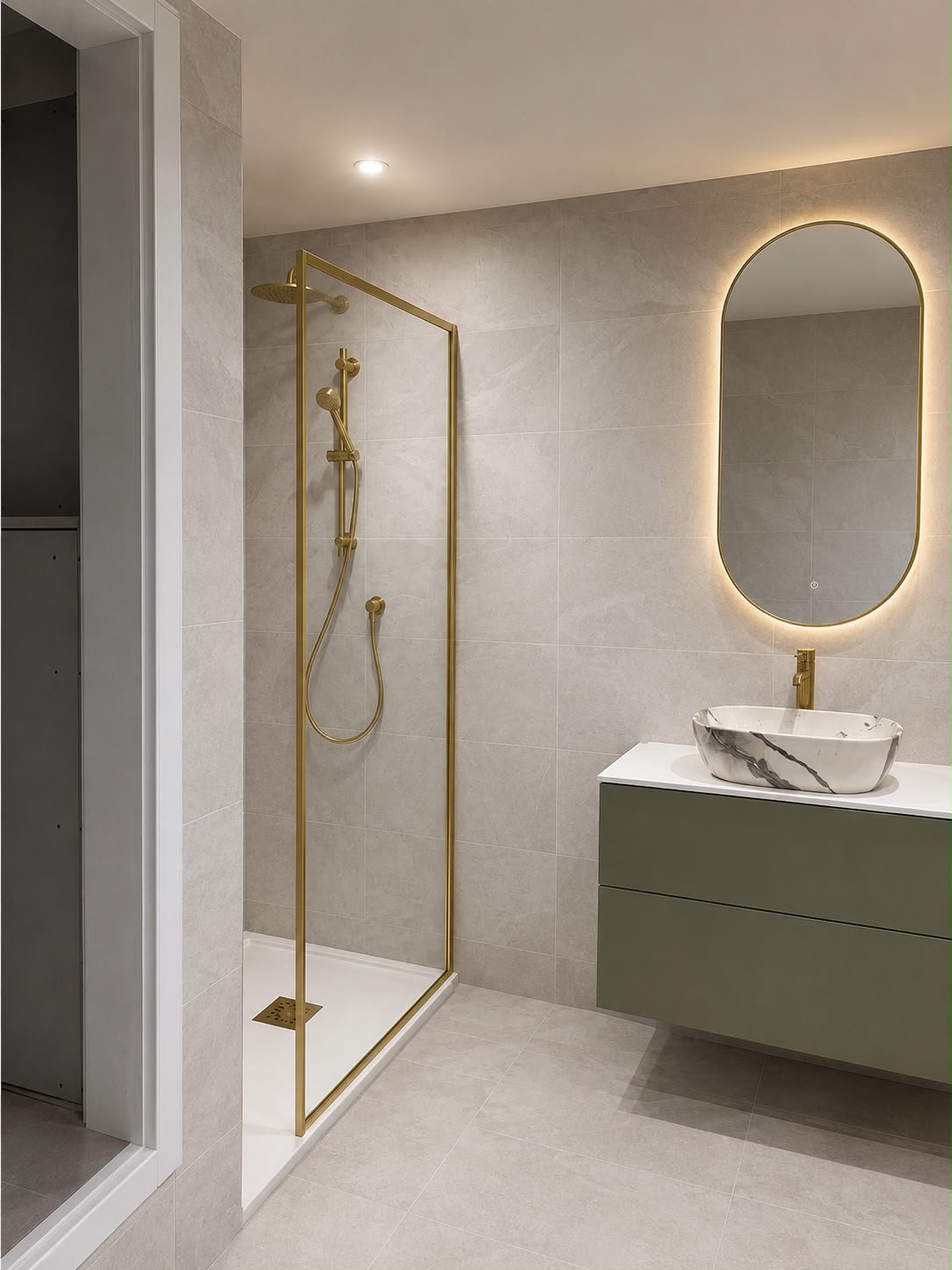 Fitted bathroom by Bridgeway Interiors: walk-in shower with brushed brass frame, backlit pill mirror and sage green vanity, Newcastle