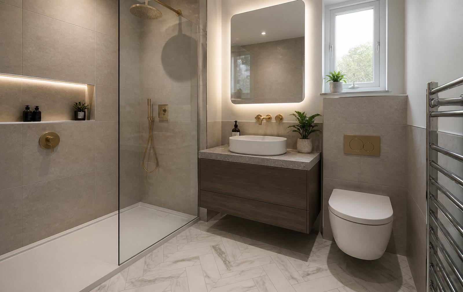 En-suite bathroom by Bridgeway Interiors: compact walk-in shower with brushed brass fixtures, wall-hung vanity and marble-effect herringbone floor