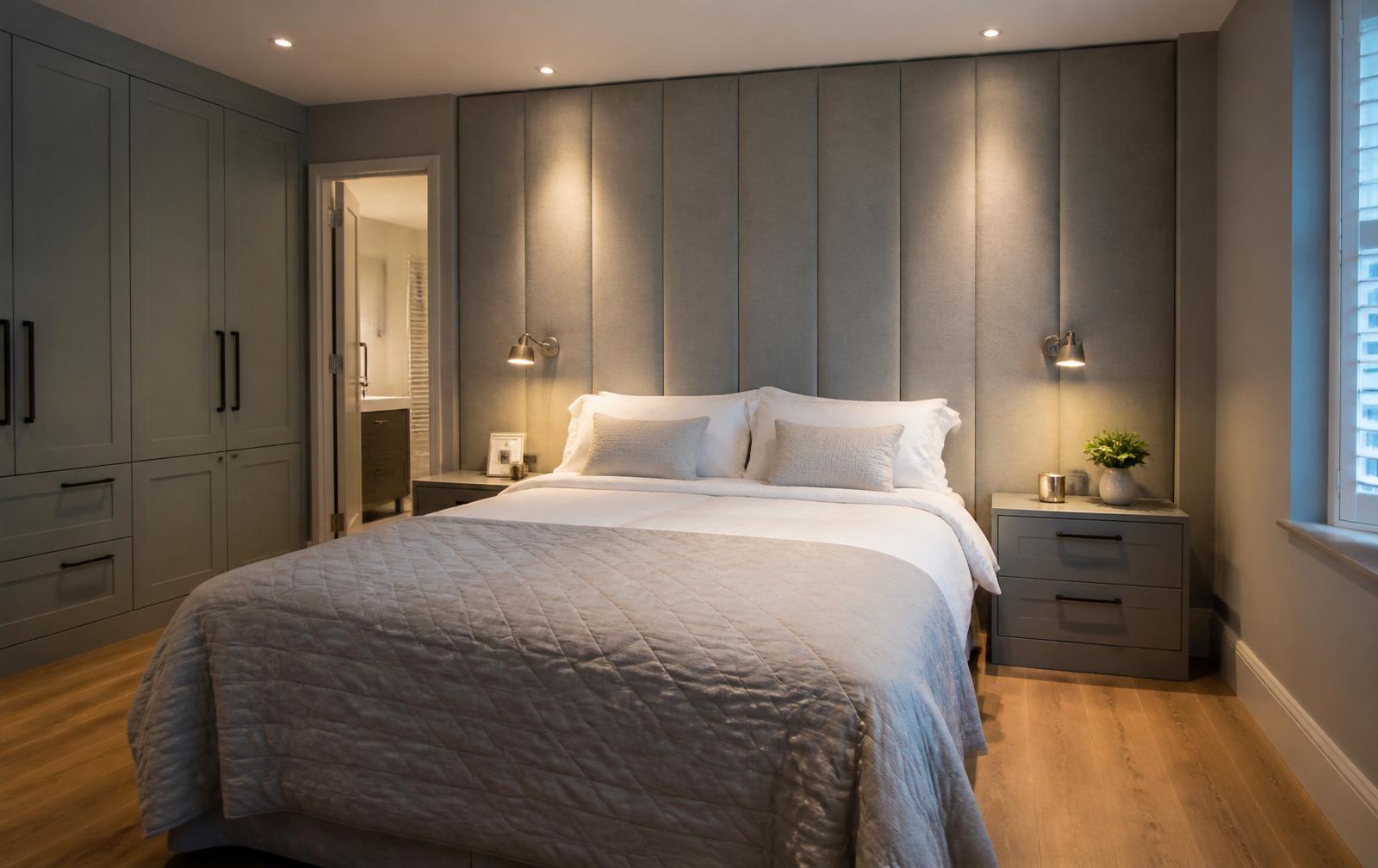 Fitted bedroom by Bridgeway Interiors: upholstered dove-grey panelled headboard wall with integrated wall lights and bespoke bedside cabinetry