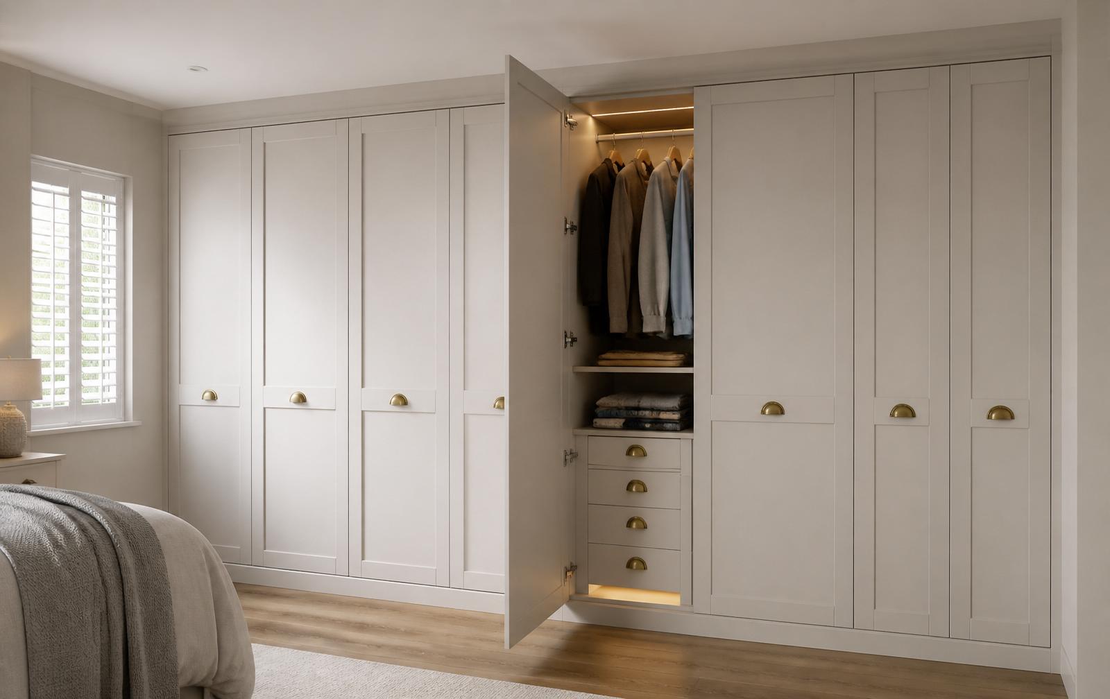 Fitted wardrobes by Bridgeway Interiors: hand-painted cream shaker wardrobes with brushed brass cup handles and internal LED-lit hanging