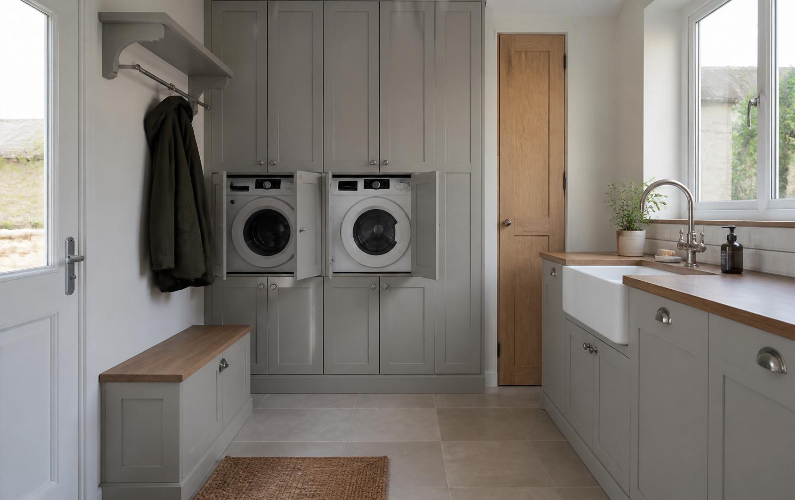 Fitted utility room by Bridgeway Interiors: dove-grey shaker cabinetry with concealed integrated laundry appliances, Belfast sink and oak worktop